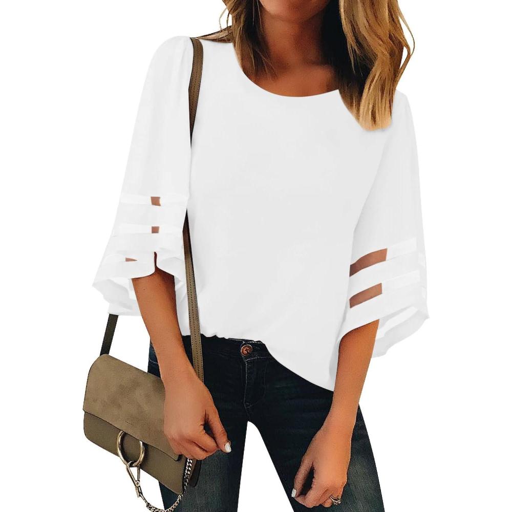 imageLookbookStore Women Casual Crew Neck Shirt Top 34 Bell Sleeve Mesh Panel BlouseBeige