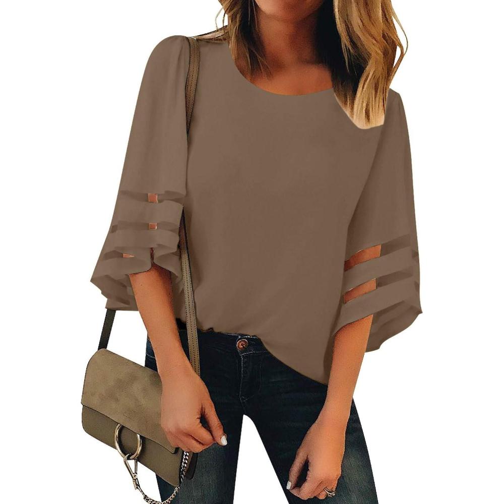 imageLookbookStore Women Casual Crew Neck Shirt Top 34 Bell Sleeve Mesh Panel BlouseBrown
