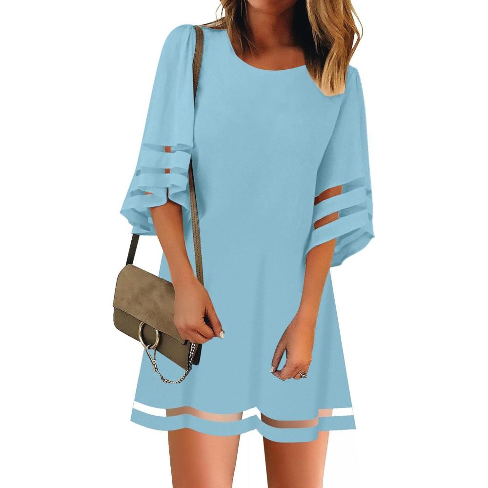 imageLookbookStore Women Casual Crewneck Mesh Panel 34 Bell Sleeve Loose Tunic DressAir Blue