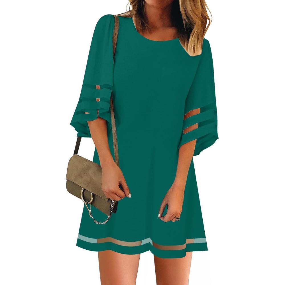 imageLookbookStore Women Casual Crewneck Mesh Panel 34 Bell Sleeve Loose Tunic DressEvergreen