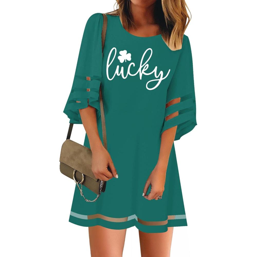 imageLookbookStore Women Casual Crewneck Mesh Panel 34 Bell Sleeve Loose Tunic DressLucky Evergreen
