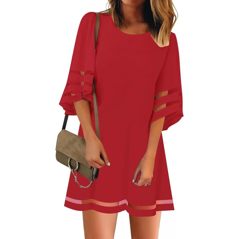 imageLookbookStore Women Casual Crewneck Mesh Panel 34 Bell Sleeve Loose Tunic DressTrue Red