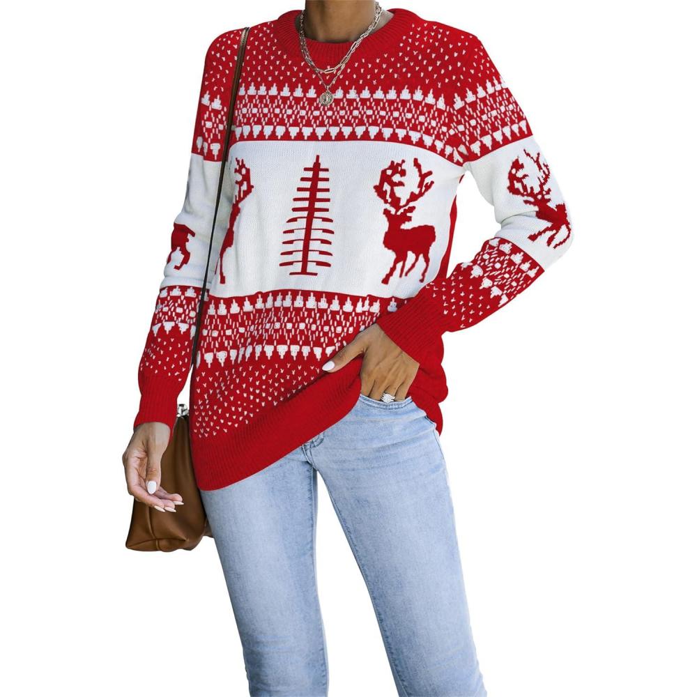 imageLookbookStore Women Ugly Christmas Tree Reindeer Holiday Knit Sweater PulloverRed103