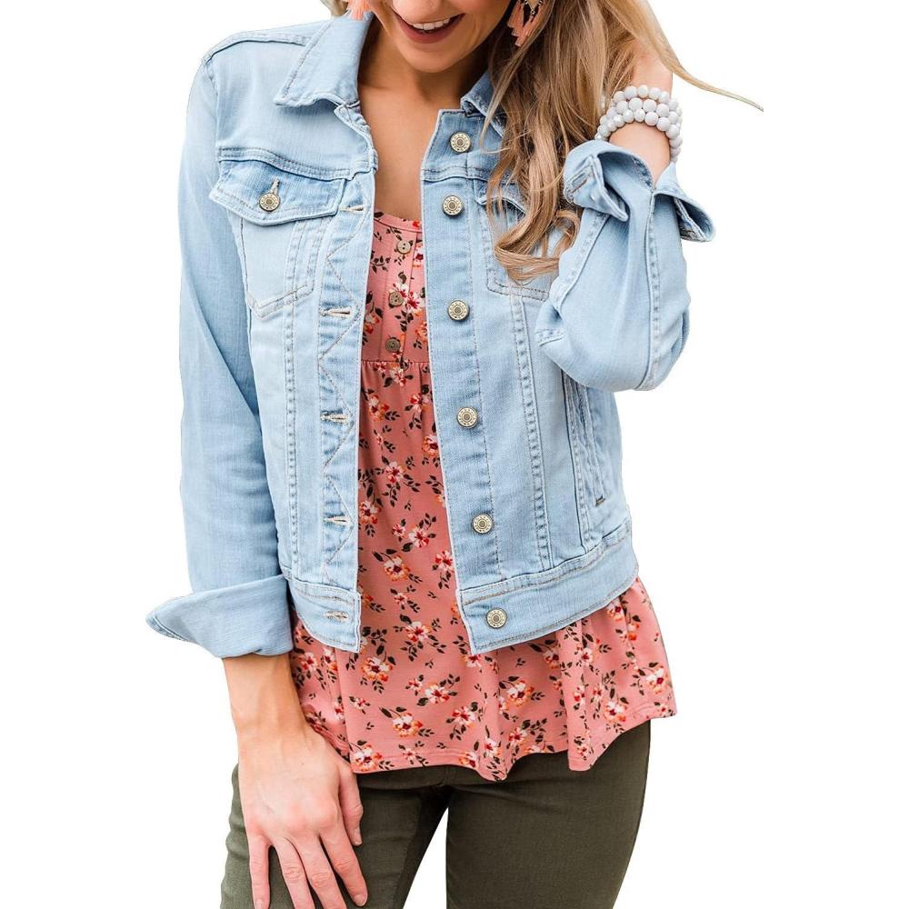 imageLookbookStore Womens Basic Long Sleeves Button Down Fitted Denim Jean JacketsA1 Light Blue