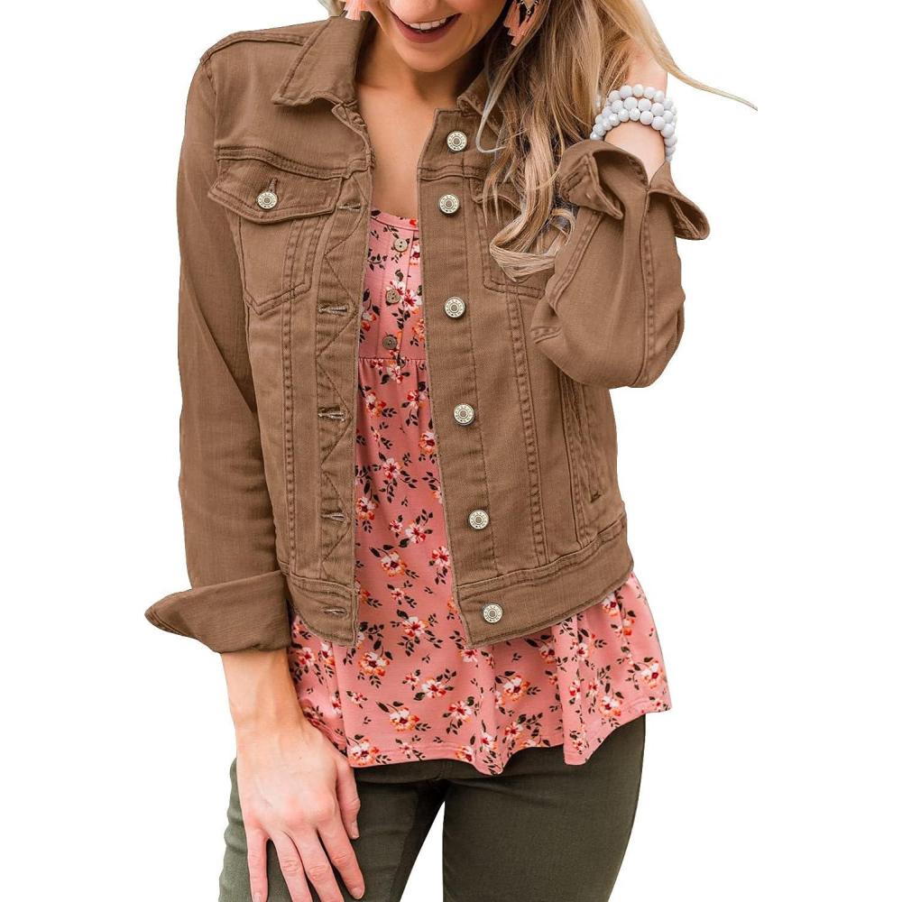 imageLookbookStore Womens Basic Long Sleeves Button Down Fitted Denim Jean JacketsA2 Brown