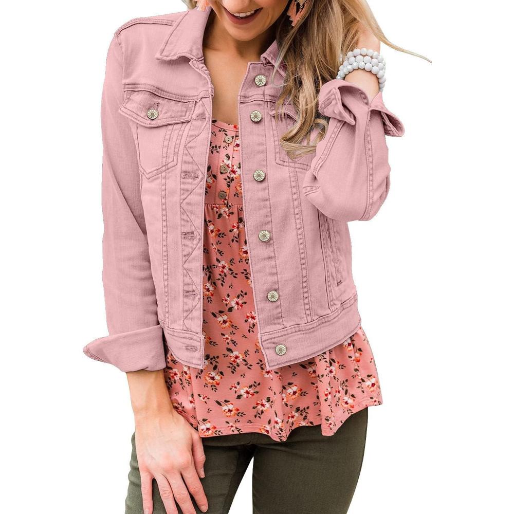 imageLookbookStore Womens Basic Long Sleeves Button Down Fitted Denim Jean JacketsA2 Pink