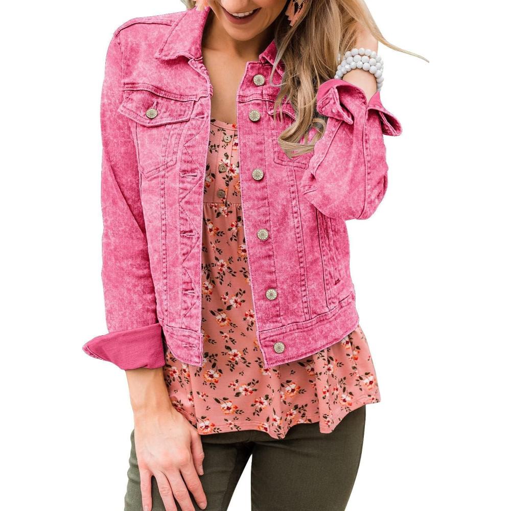 imageLookbookStore Womens Basic Long Sleeves Button Down Fitted Denim Jean JacketsAurora Pink