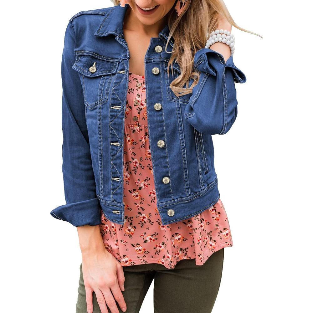 imageLookbookStore Womens Basic Long Sleeves Button Down Fitted Denim Jean JacketsBlue