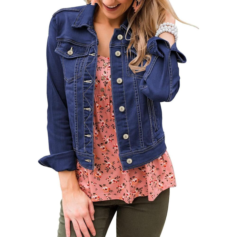 imageLookbookStore Womens Basic Long Sleeves Button Down Fitted Denim Jean JacketsBlue Denim