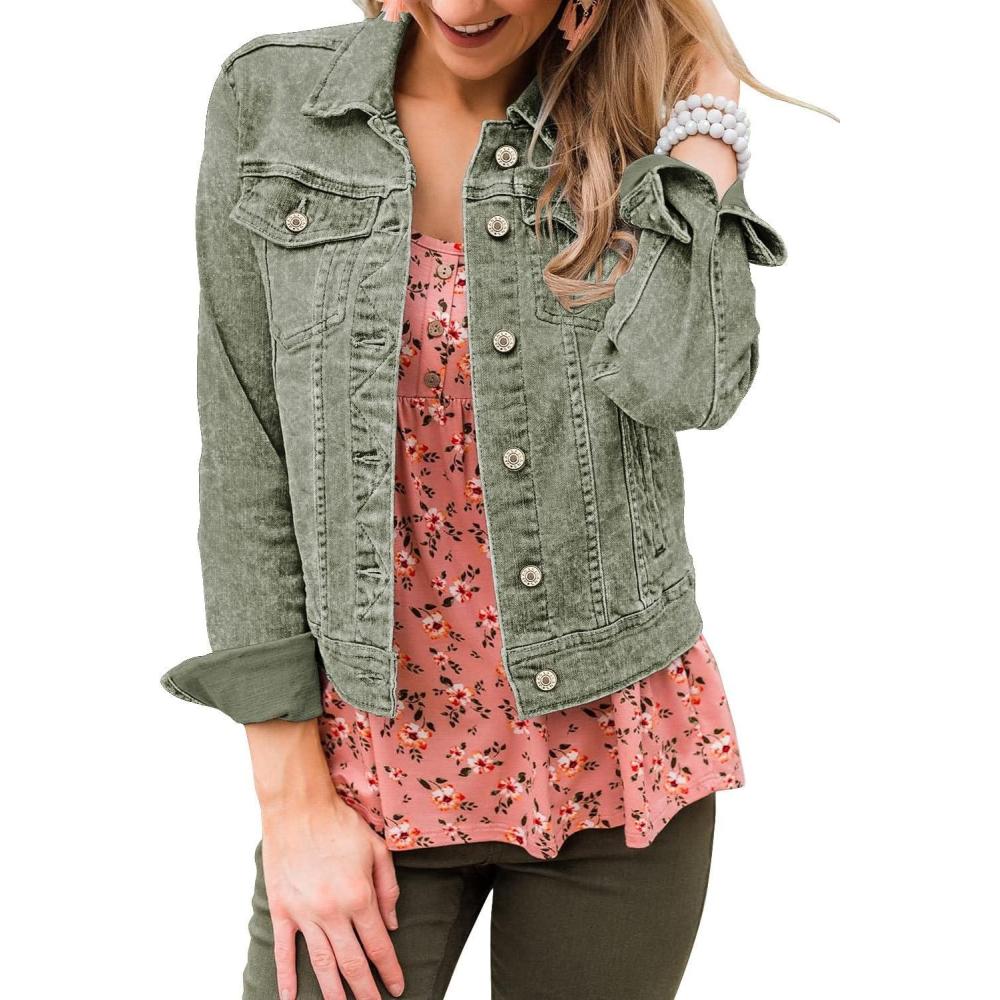 imageLookbookStore Womens Basic Long Sleeves Button Down Fitted Denim Jean JacketsCalliste Green