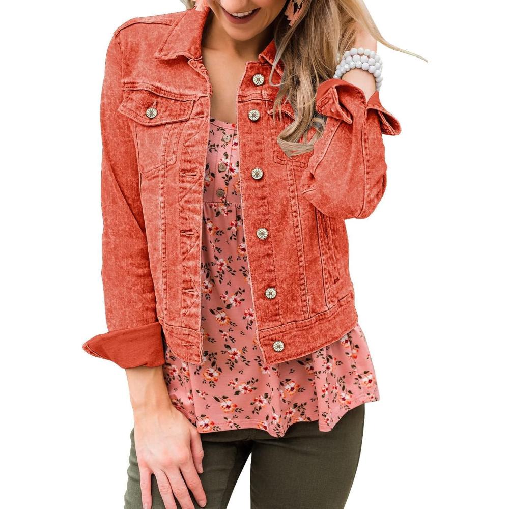 imageLookbookStore Womens Basic Long Sleeves Button Down Fitted Denim Jean JacketsOrangeade