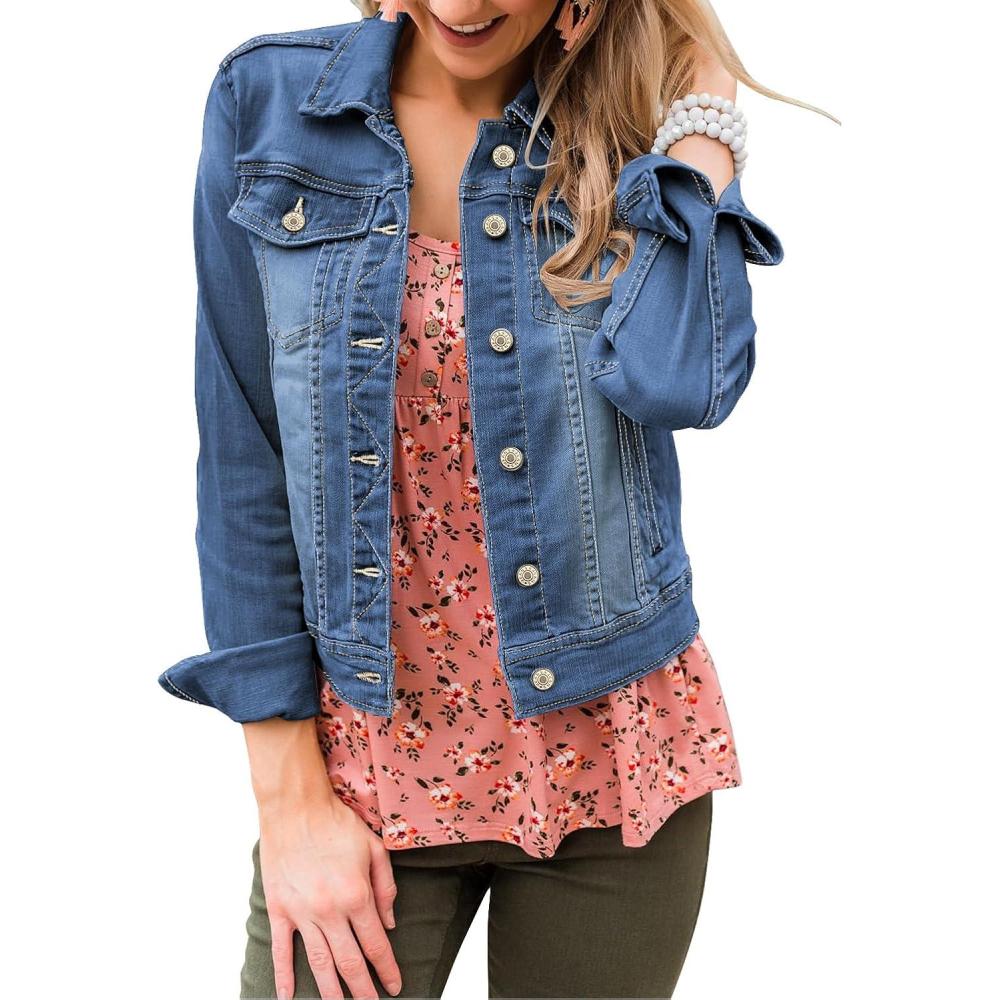 imageLookbookStore Womens Basic Long Sleeves Button Down Fitted Denim Jean JacketsVintage Blue