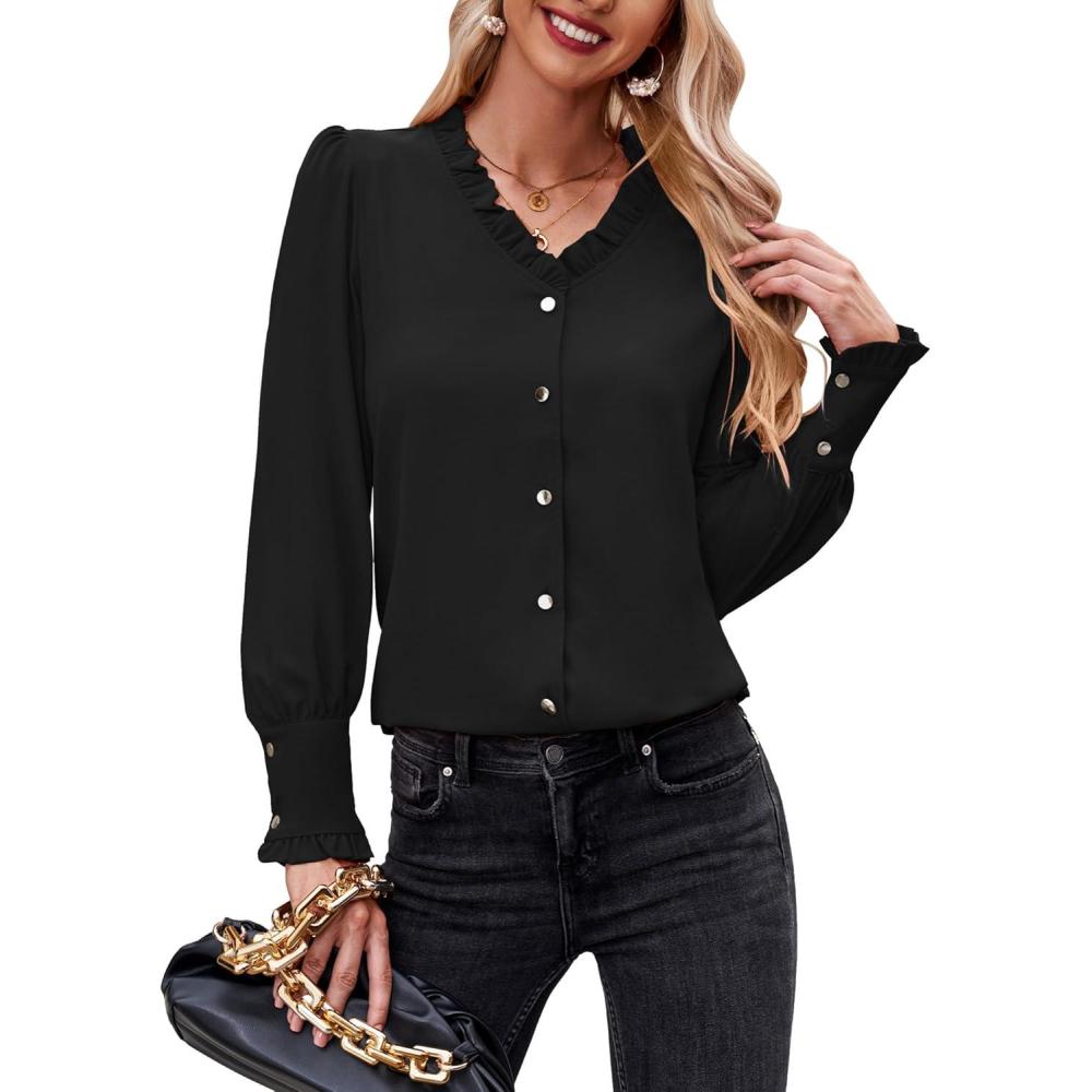 imageLookbookStore Womens Business Casual Tops Work Blouses Button Down Long Sleeve Dressy Shirt