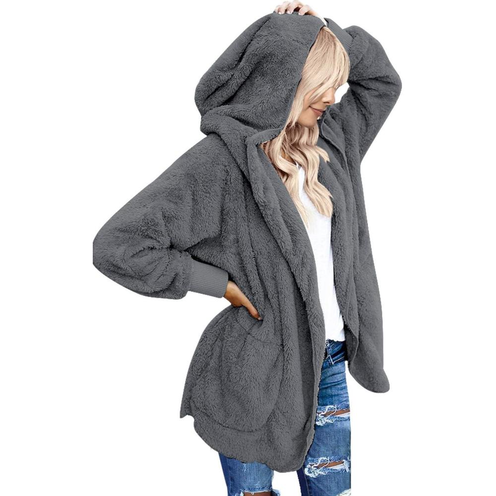 imageLookbookStore Womens Cardigan 2025 Winter Oversized Open Front Fleece Hooded Draped Pockets Jacket CoatsD Dark Grey