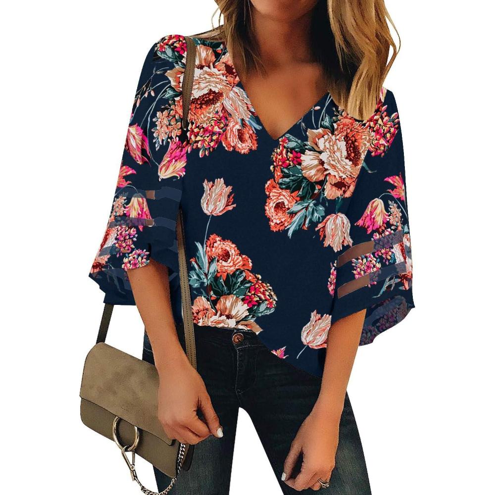 imageLookbookStore Womens Casual Dress Shirt1 Floral Print Navy Blue