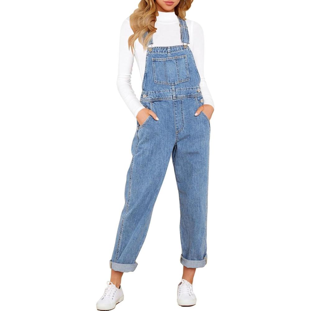 imageLookbookStore Womens Casual Stretch Denim Bib Overalls Pants Pocketed Jeans JumpsuitsBlue Mist