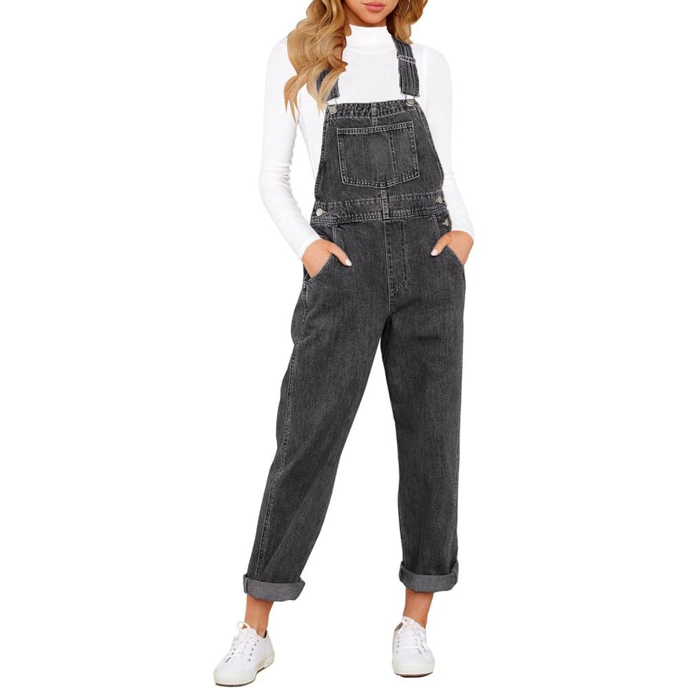 imageLookbookStore Womens Casual Stretch Denim Bib Overalls Pants Pocketed Jeans JumpsuitsFrost Gray