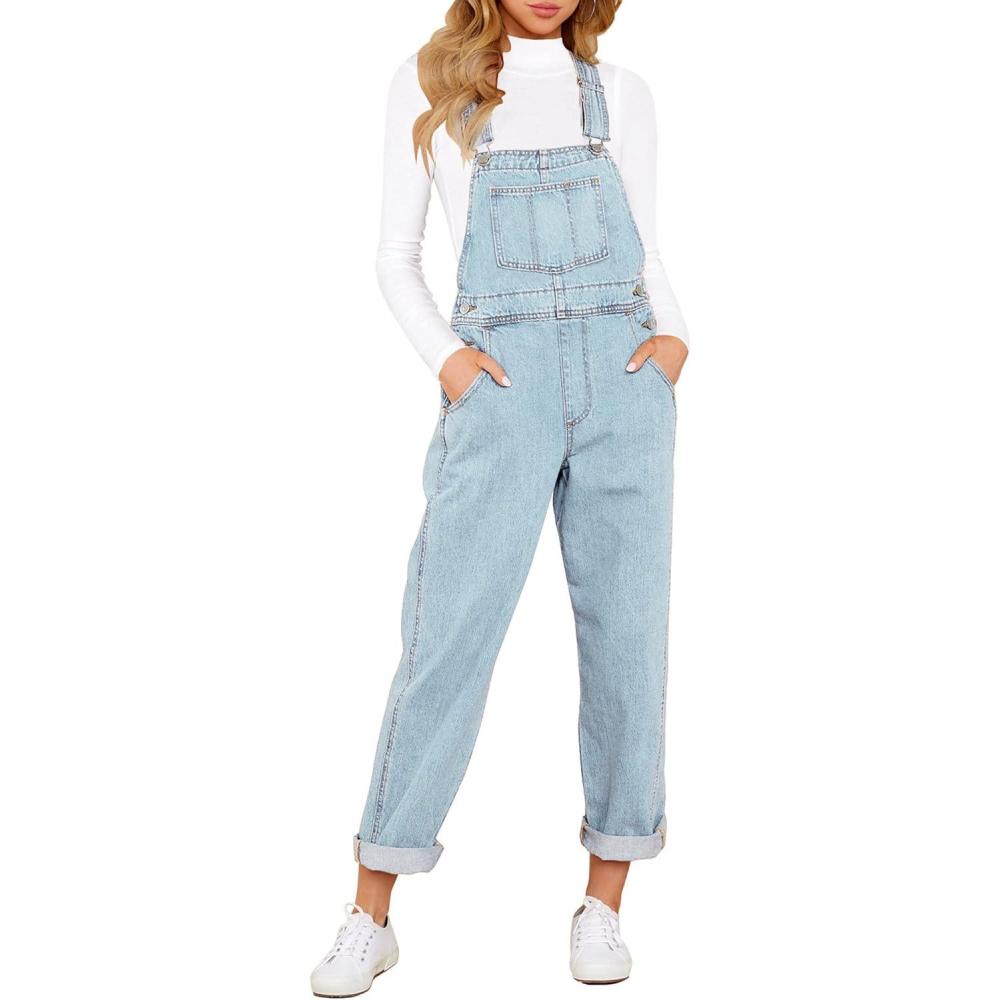 imageLookbookStore Womens Casual Stretch Denim Bib Overalls Pants Pocketed Jeans JumpsuitsLight Blue