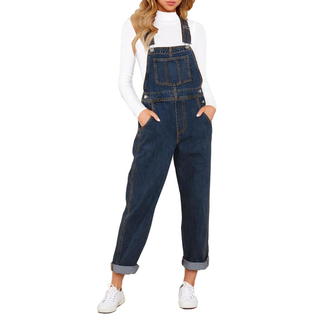 imageLookbookStore Womens Casual Stretch Denim Bib Overalls Pants Pocketed Jeans JumpsuitsMykonos Blues