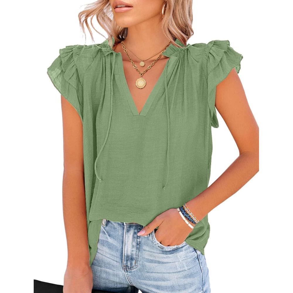imageLookbookStore Womens Casual V Neck Tops Ruffle Flutter Shirt Cap Sleeve Blouse