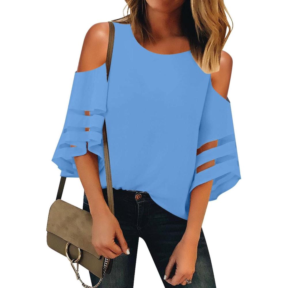 imageLookbookStore Womens Cold Shoulder Loose Shirt Tops 34 Bell Mesh Sleeve BlouseAzure Blue