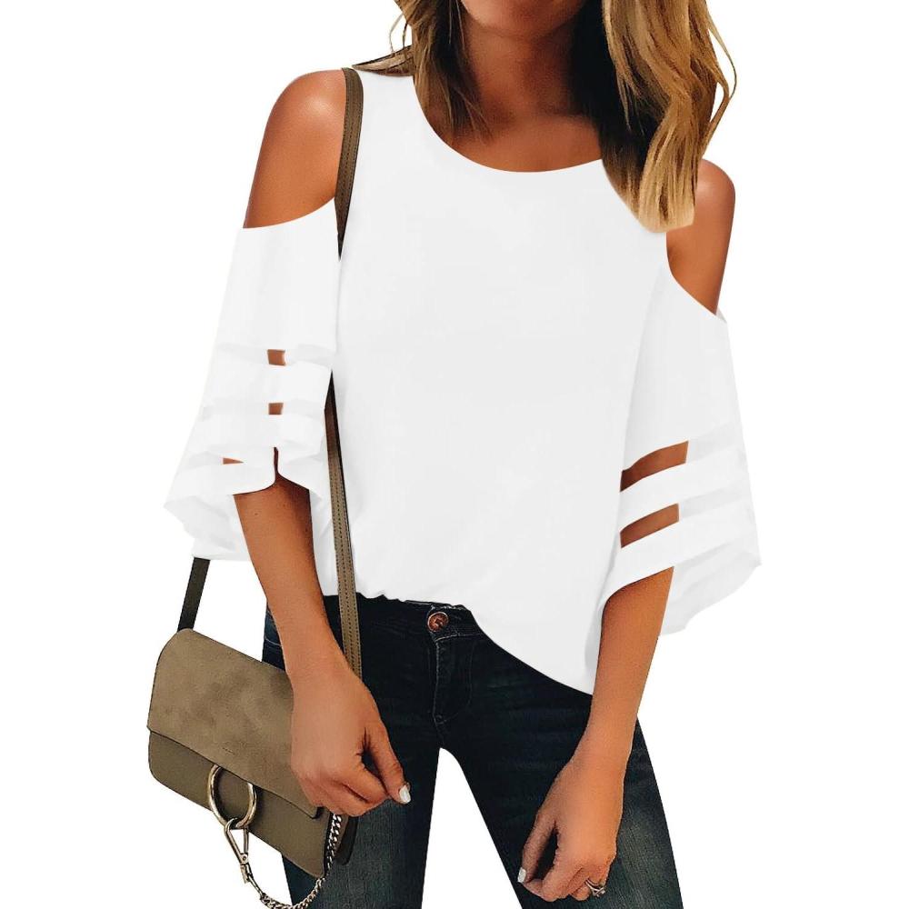 imageLookbookStore Womens Cold Shoulder Loose Shirt Tops 34 Bell Mesh Sleeve BlouseBeige