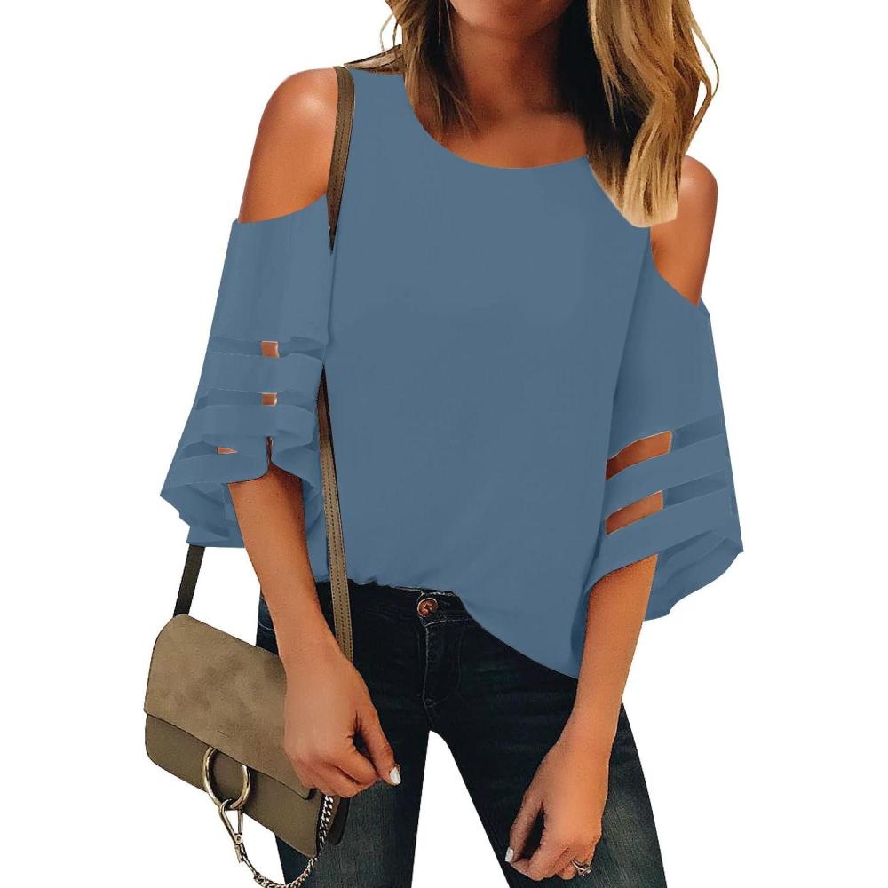 imageLookbookStore Womens Cold Shoulder Loose Shirt Tops 34 Bell Mesh Sleeve BlouseDusty Blue