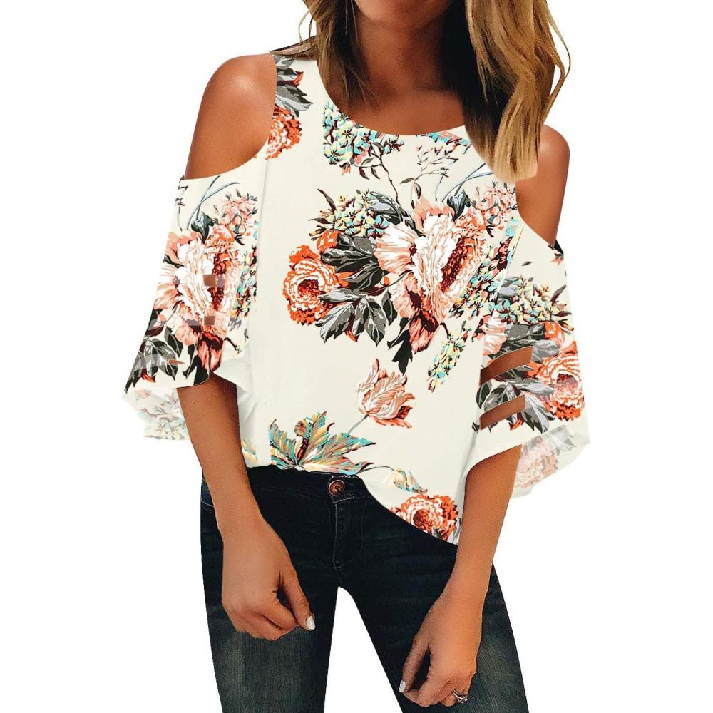 imageLookbookStore Womens Cold Shoulder Loose Shirt Tops 34 Bell Mesh Sleeve BlouseIvory Floral