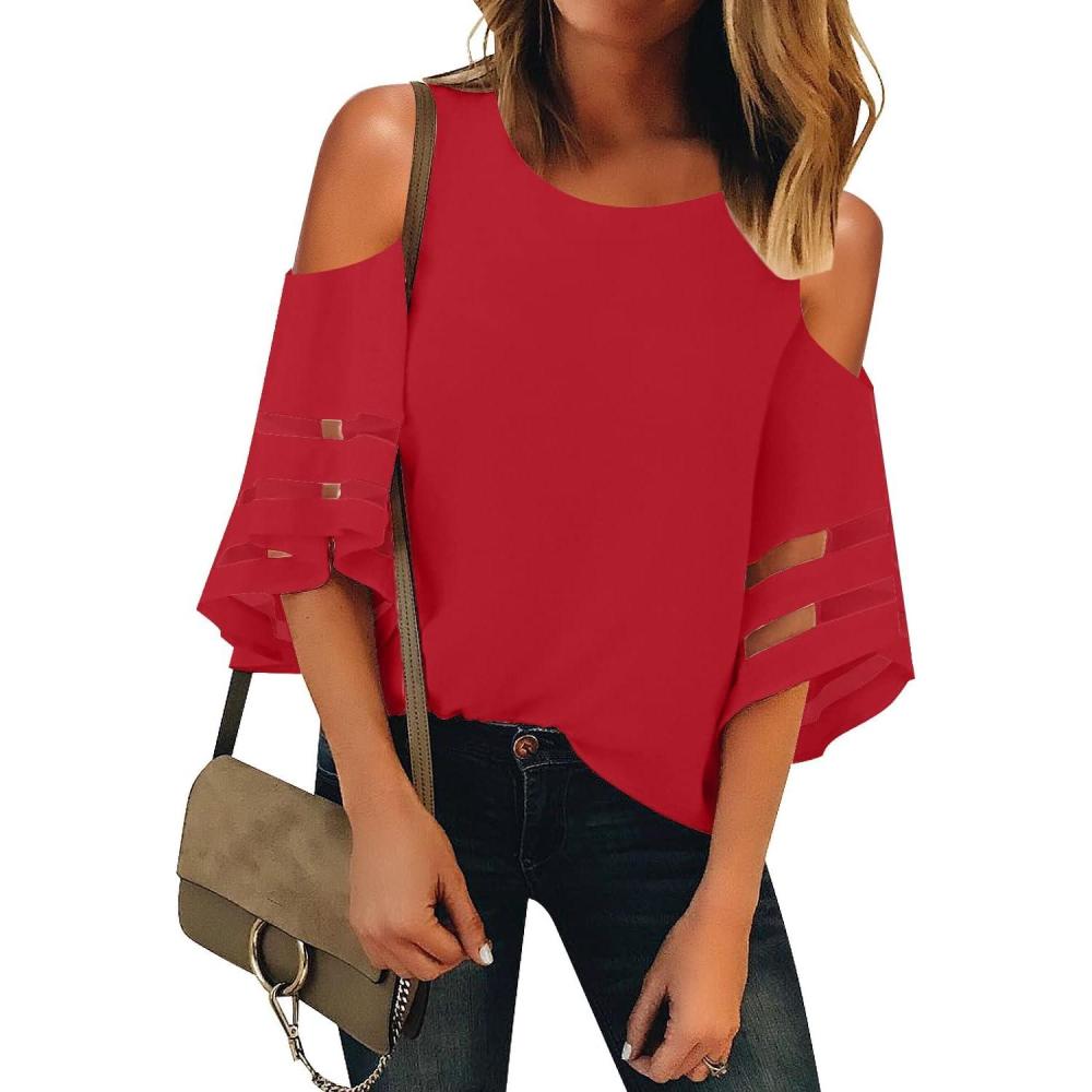 imageLookbookStore Womens Cold Shoulder Loose Shirt Tops 34 Bell Mesh Sleeve BlouseRed