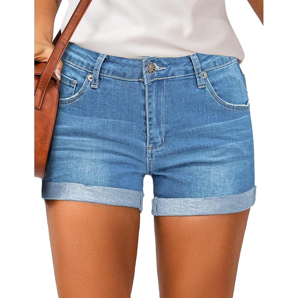 imageLookbookStore Womens High Waisted Rolled Hem Distressed Jeans Ripped Denim Shorts1 Little Boy Blue