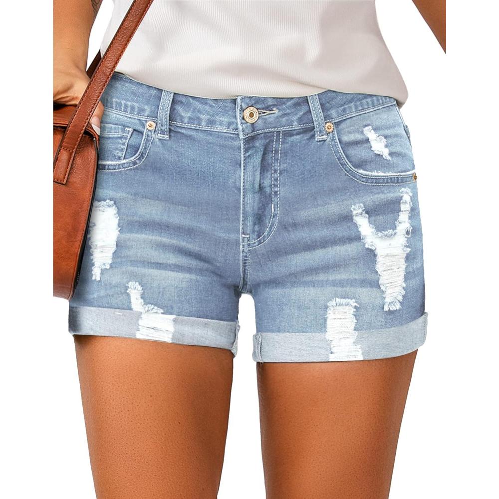 imageLookbookStore Womens High Waisted Rolled Hem Distressed Jeans Ripped Denim ShortsBallad Blue