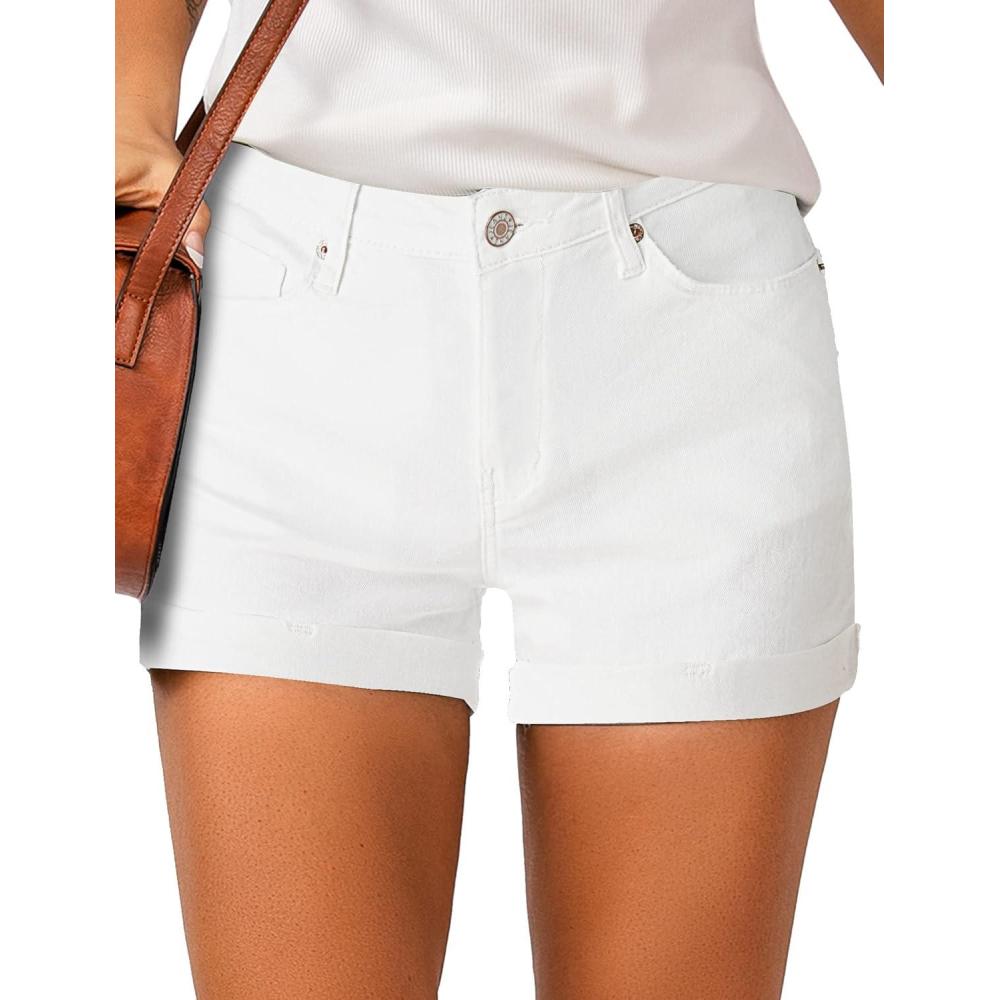 imageLookbookStore Womens High Waisted Rolled Hem Distressed Jeans Ripped Denim ShortsBeige1763