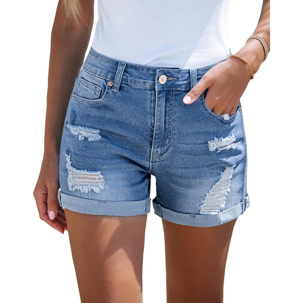 imageLookbookStore Womens High Waisted Rolled Hem Distressed Jeans Ripped Denim ShortsBlue