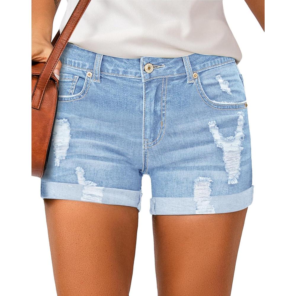 imageLookbookStore Womens High Waisted Rolled Hem Distressed Jeans Ripped Denim ShortsBreeze Blue
