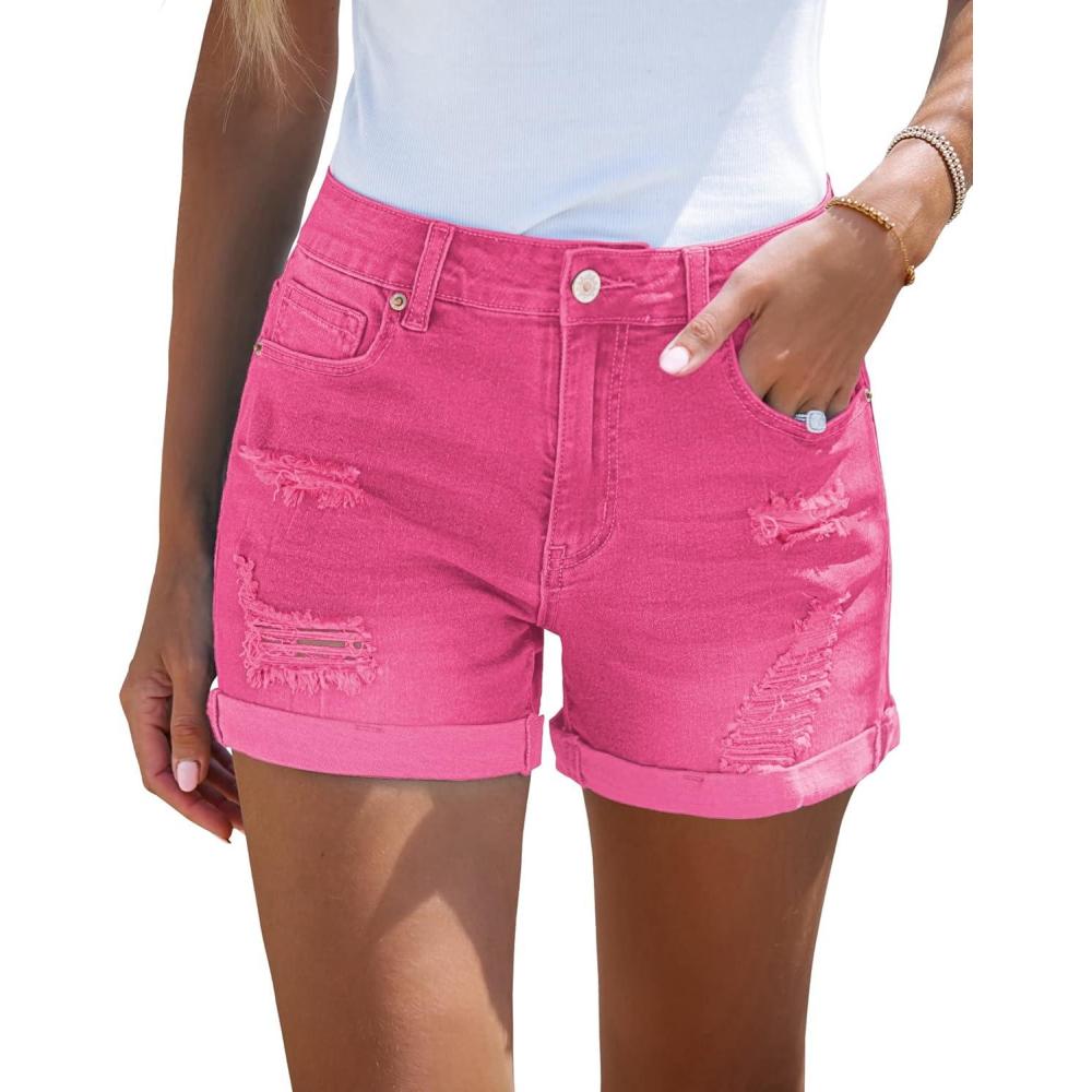 imageLookbookStore Womens High Waisted Rolled Hem Distressed Jeans Ripped Denim ShortsHot Pink Snow Wash
