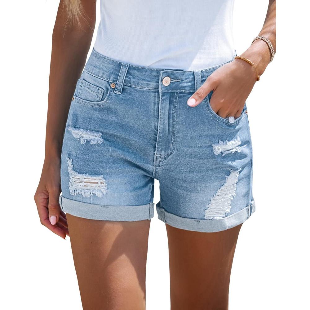 imageLookbookStore Womens High Waisted Rolled Hem Distressed Jeans Ripped Denim ShortsLight Blue