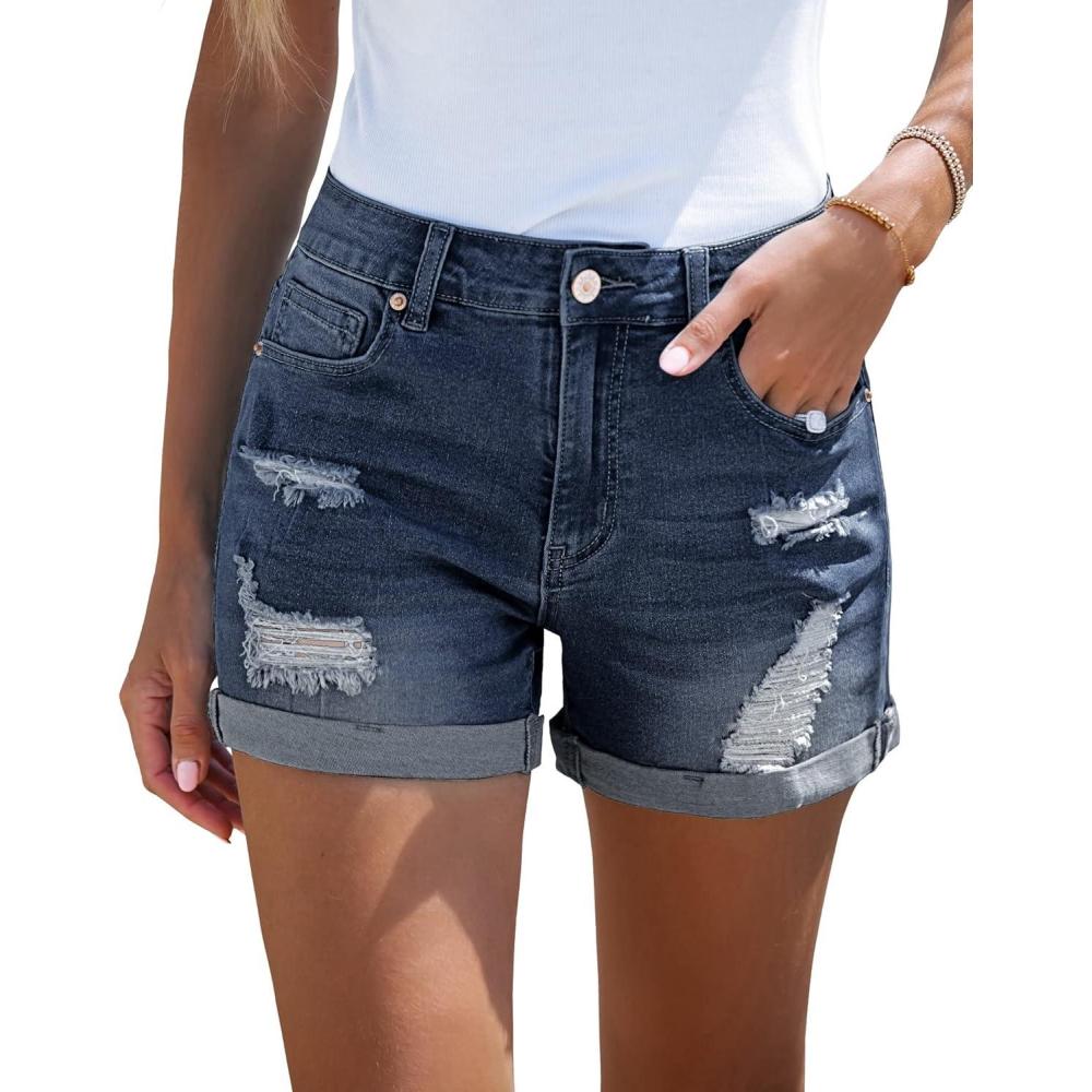 imageLookbookStore Womens High Waisted Rolled Hem Distressed Jeans Ripped Denim ShortsMajolica Blue
