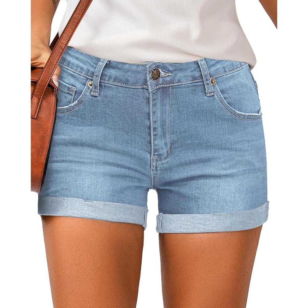imageLookbookStore Womens High Waisted Rolled Hem Distressed Jeans Ripped Denim ShortsMedium Blue