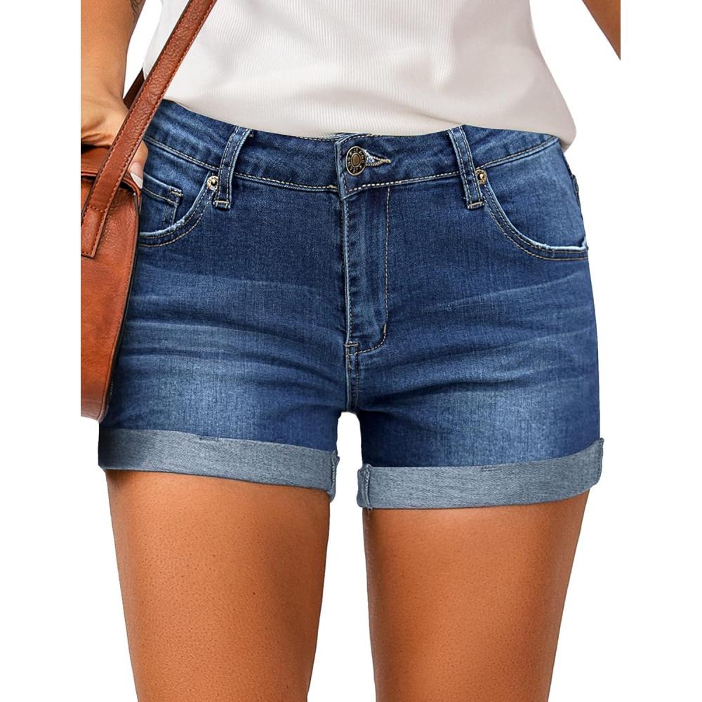 imageLookbookStore Womens High Waisted Rolled Hem Distressed Jeans Ripped Denim ShortsTrue Blue