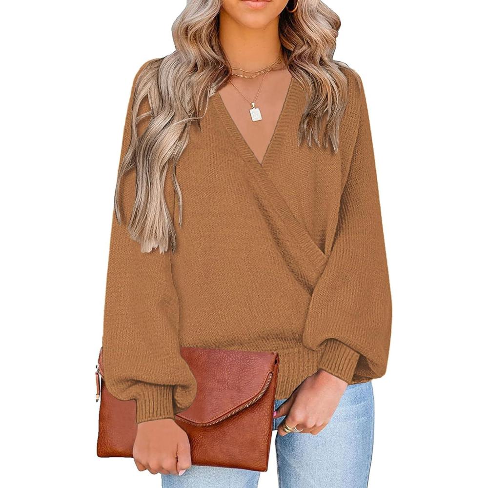 imageLookbookStore Womens Knit Long Sleeve Faux Wrap Surplice V Neck Sweater TopAlmond Brown