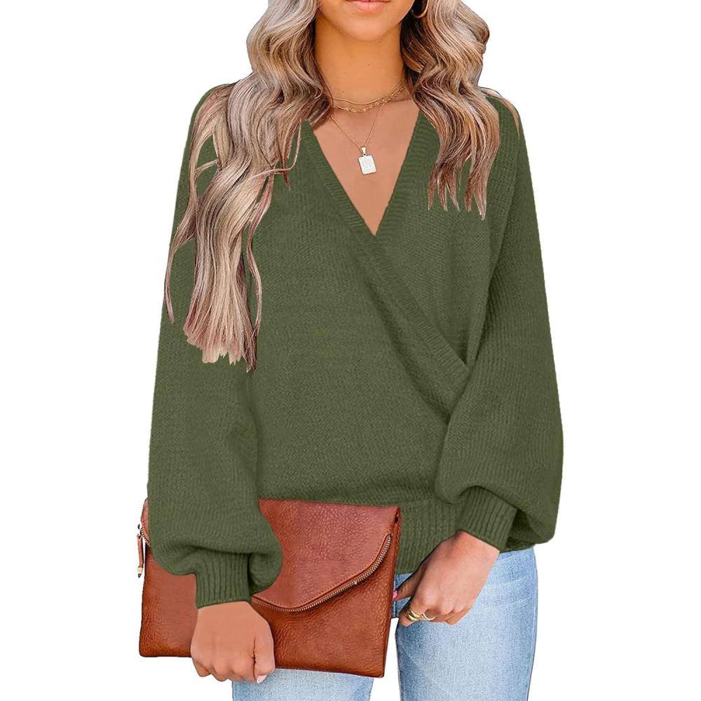 imageLookbookStore Womens Knit Long Sleeve Faux Wrap Surplice V Neck Sweater TopArmy Green