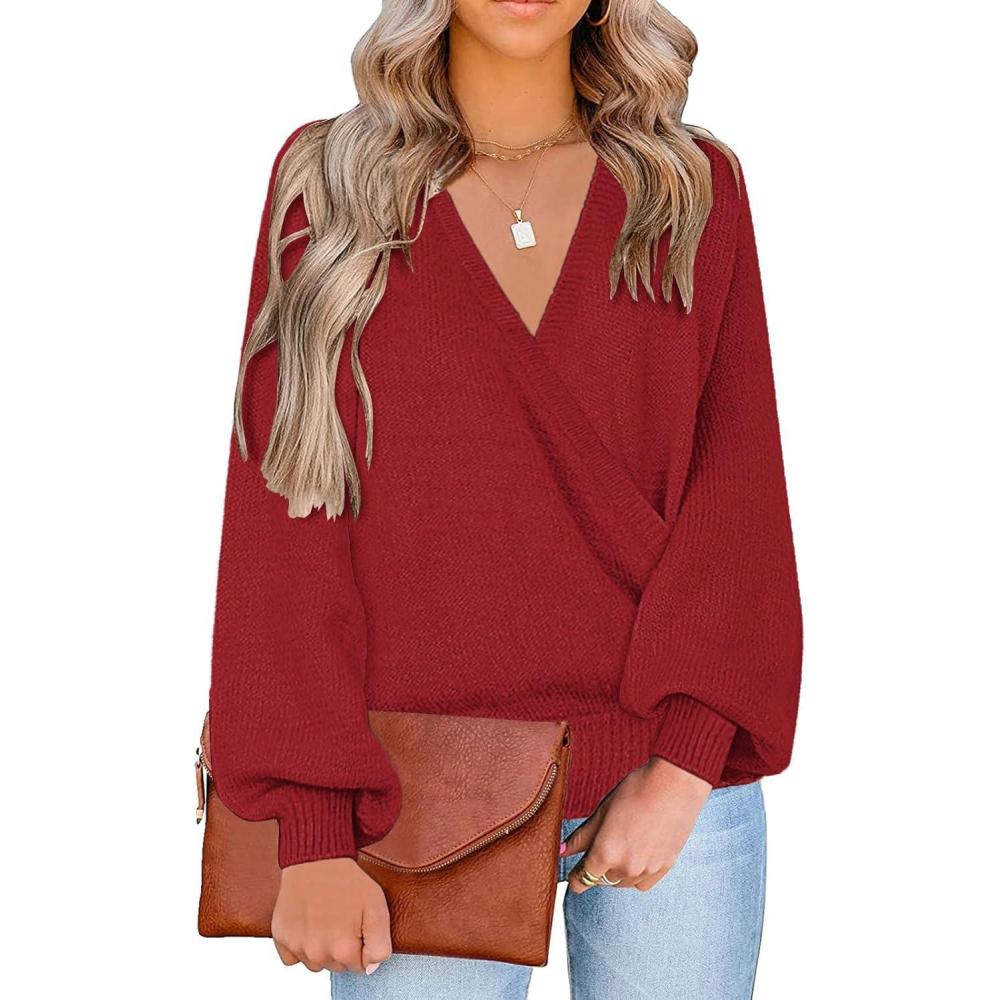 imageLookbookStore Womens Knit Long Sleeve Faux Wrap Surplice V Neck Sweater TopHaute Red