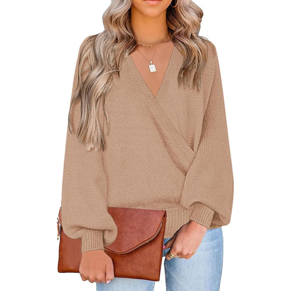 imageLookbookStore Womens Knit Long Sleeve Faux Wrap Surplice V Neck Sweater TopKhaki