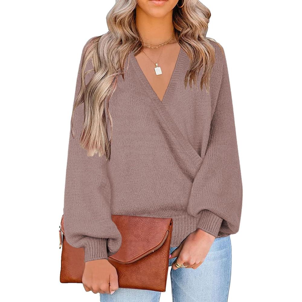 imageLookbookStore Womens Knit Long Sleeve Faux Wrap Surplice V Neck Sweater TopTwilight Mauve