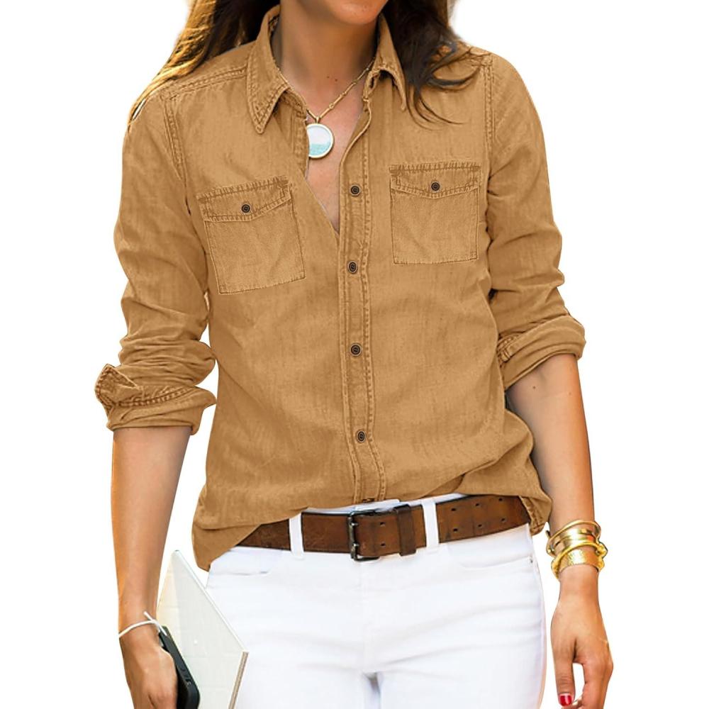 imageLookbookStore Womens Long Sleeve Collared Shirt Button Down Denim Blouse TopsAlmond Brown