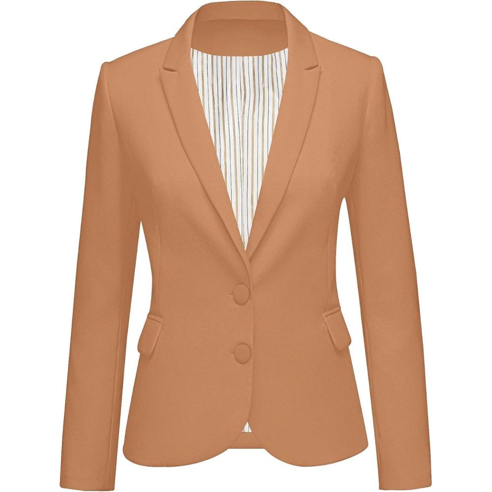 imageLookbookStore Womens Notched Lapel Pockets Button Work Office Blazer Jacket SuitAlmond Brown