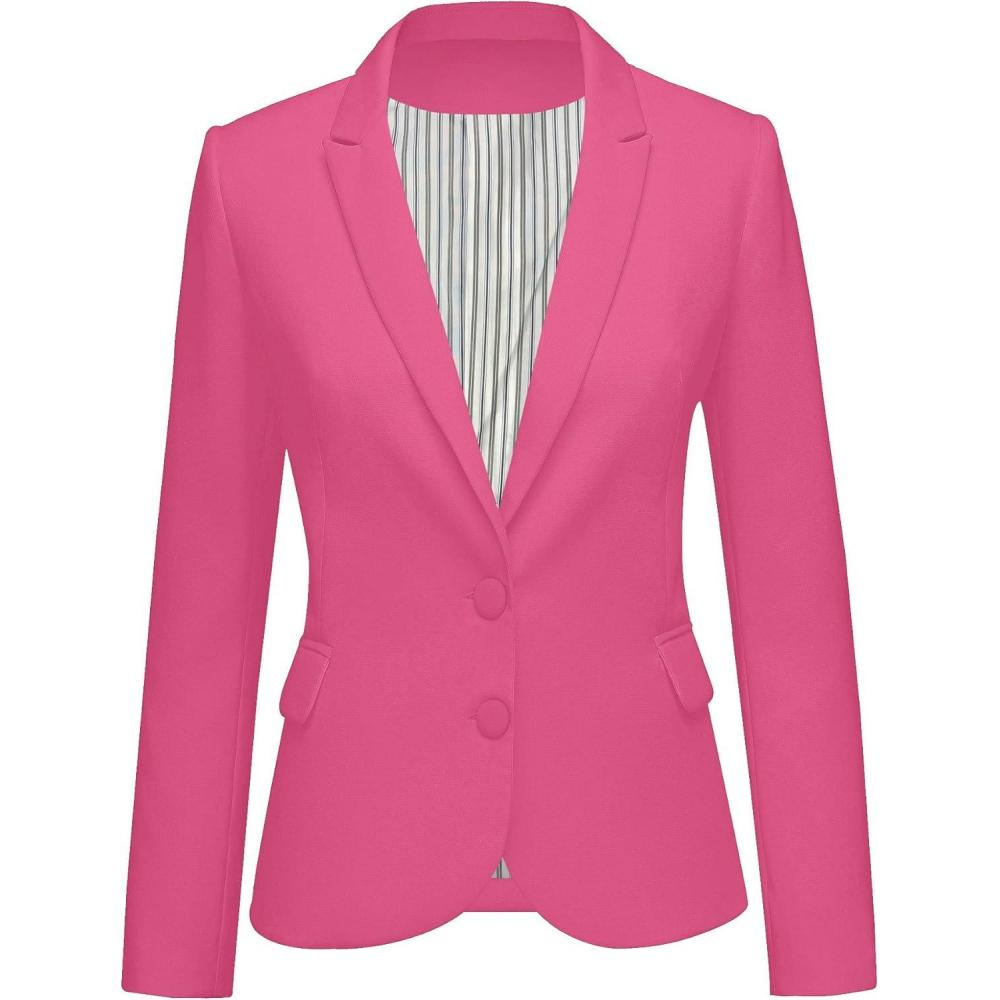 imageLookbookStore Womens Notched Lapel Pockets Button Work Office Blazer Jacket SuitTwo Buttons Hot Pink