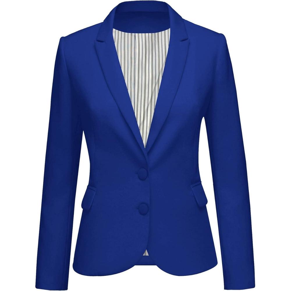 imageLookbookStore Womens Notched Lapel Pockets Button Work Office Blazer Jacket SuitTwo Buttons Lapis Blue W Striped Lining