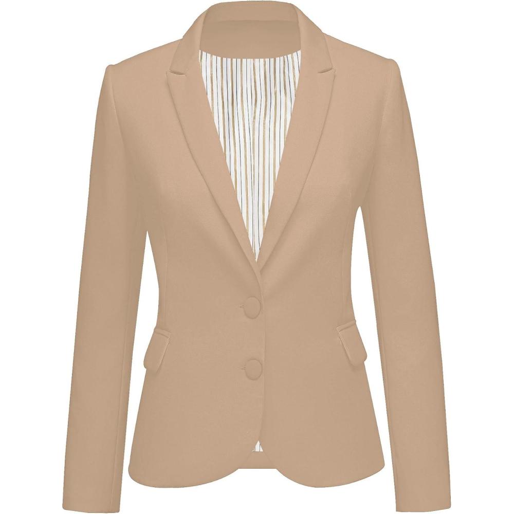 imageLookbookStore Womens Notched Lapel Pockets Button Work Office Blazer Jacket SuitTwo Buttons Light French Beige