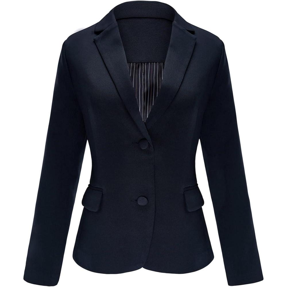 imageLookbookStore Womens Notched Lapel Pockets Button Work Office Blazer Jacket SuitTwo Buttons Navy